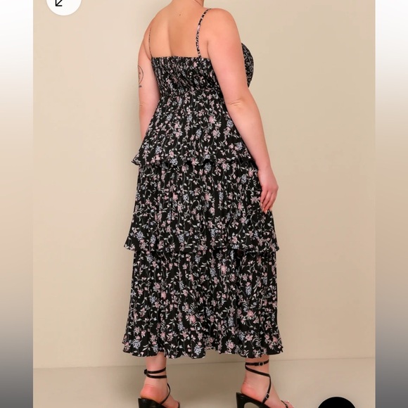 Lulus Cascading Crush Black Floral Print Tiered Bustier Midi Dress BNWT - Picture 5 of 13